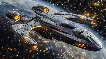 Fototapeta premium 3D intergalactic spaceship for futuristic deep space travel or science fiction backgrounds, with the clipping path included in the illustration