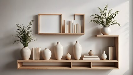 Wooden Shelf with Minimalist Plant Decor Against White Wall