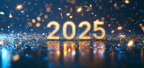 Golden 2025 number with sparkling lights and confetti for New Year celebration. Festive and futuristic atmosphere with vibrant bokeh background.