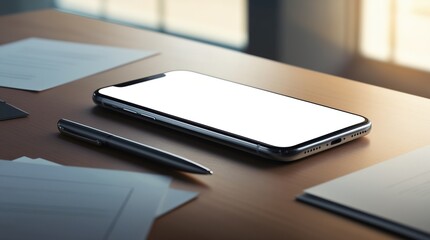 Mobile phone with white blank screen on table with side eye view and isolated blur background