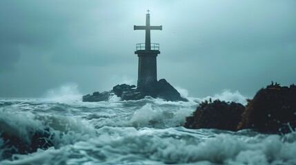 Fototapeta premium Towering Lighthouse Cross Guiding Ships Through Stormy Seas