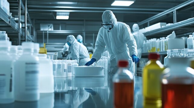 Generate a photo realistic image of workers handling chemicals safely, with proper labeling, protective gear, and spill containment measures visible; ensure the image is of high resolution for clear 