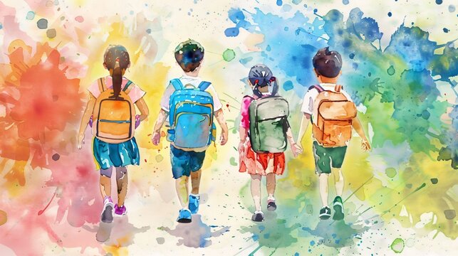 Rentr&eacute;e scolaire, retour &agrave; l'&eacute;cole, enfants partant &agrave; l'&eacute;cole, fa&ccedil;on aquarelle, ia g&eacute;n&eacute;rative