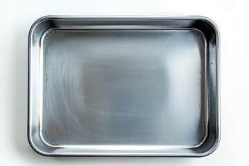 Empty metal tray from above on white background