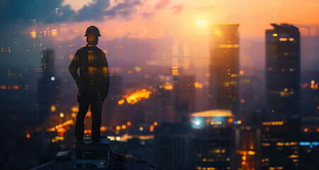 Fototapeta premium Worker overlooking an Industrial construction site at Dawn.Industrial worker at night amidst illuminated factory landscape.
