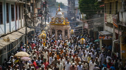 Fototapeta premium A group of people in traditional attire walking in a religious procession on the streets.