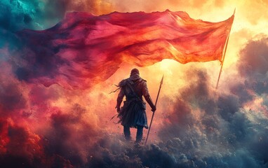 A brave warrior stands tall, waving a vibrant flag amidst a colorful, dramatic sky, symbolizing hope and courage.