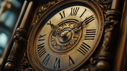 Fototapeta premium A close-up of an antique clock with ornate hands and Roman numerals, evoking a sense of timeless elegance.
