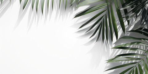Białe gładkie tło pod baner, grafikę z napisami. Zielone rośliny, gałązki palmy i liście kwiat&oacute;w. Widok z g&oacute;ry
