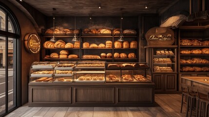 A cozy bakery with shelves filled with a variety of freshly baked bread, pastries, and cakes, creating an inviting and aromatic atmosphere. bacb-b3271b6ad45c