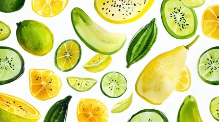 Vibrant 3D Watercolor Tropical Fruits: Green & Yellow Delight