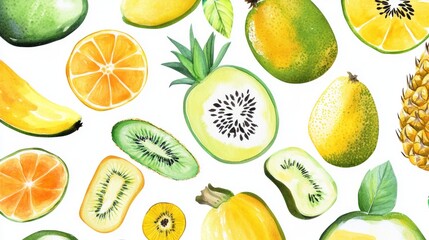 3D Watercolor Tropical Fruit Illustration: Green & Yellow