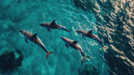Obraz premium A group of dolphins swimming gracefully through clear turquoise waters, showcasing their intelligence and social nature.