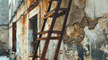 Rusty metal ladder, rungs broken, leaning against a decayed building