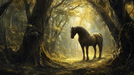 Naklejka premium A majestic centaur standing in a dense forest, with its powerful equine body and strong human torso, surrounded by ancient trees and mystical light.