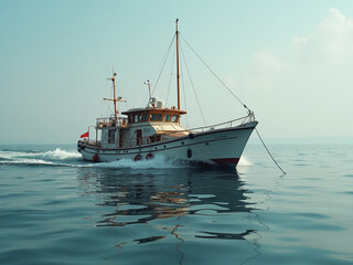 Vintage Wooden Boat Sailing On Calm Ocean Waters