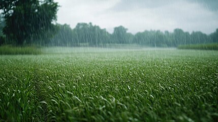 Obraz premium A peaceful countryside scene with gentle rain falling on a lush green field, creating a refreshing and calming atmosphere.