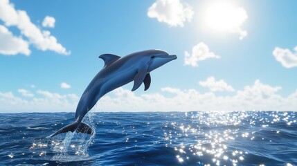 A playful dolphin leaping out of the ocean, captured mid-air against a backdrop of blue sky and sparkling water, embodying freedom and joy.
