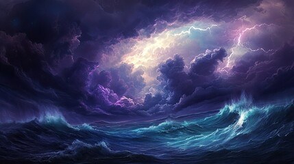 Fototapeta premium A powerful storm over the ocean, with dark, swirling clouds, towering waves, and flashes of lightning illuminating the tempestuous scene.