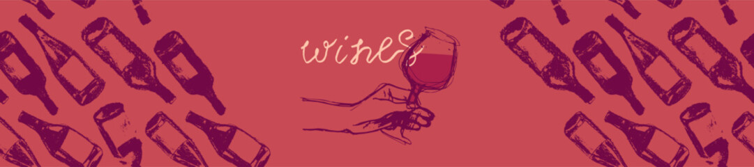Template banner with red wine bottles pattern seamless. Hand-drawn coal sketches of red wine and white wine in vector. Winery frame design, grape alcohol pattern.