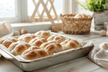 Unbaked homemade hot cross buns on tray with baking paper Easter tradition Rustic setting