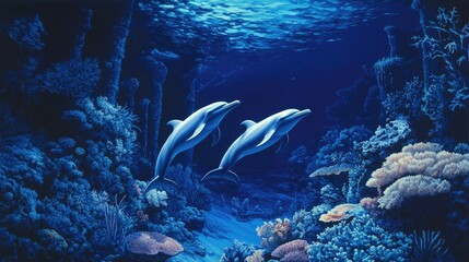 Fototapeta premium A serene underwater scene of dolphins gliding effortlessly through the deep blue sea, surrounded by marine life and coral reefs.