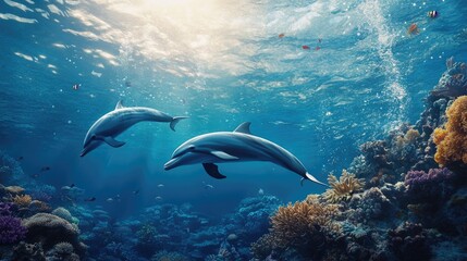 Naklejka premium A serene underwater scene of dolphins gliding effortlessly through the deep blue sea, surrounded by marine life and coral reefs.
