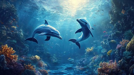 Obraz premium A serene underwater scene of dolphins gliding effortlessly through the deep blue sea, surrounded by marine life and coral reefs.