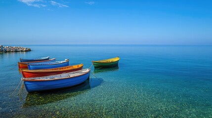 Fototapeta premium A tranquil seaside scene with colorful fishing boats anchored by the shore, gently bobbing on the calm waters under a clear blue sky.