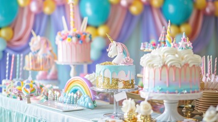 Unicorn Themed Birthday Party Dessert Table.