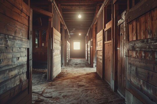 View inside rustic barn with horse stalls illuminated tunnel at end