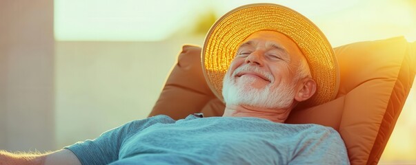 Face of a happy senior man with a sunhat, Labor Day, celebration, relaxation