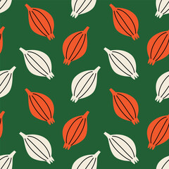 Vector seamless pattern with red and white onion on green background. Modern design for fabric and paper, surface textures. 