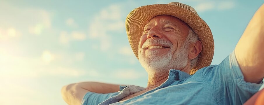 Face of a happy senior man with a sunhat, Labor Day, celebration, relaxation