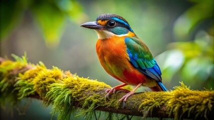 Fototapeta premium Majestic Ukri bird with vibrant plumage and striking eyes perches on a moss-covered branch in its natural forest habitat, showcasing its unique beauty.