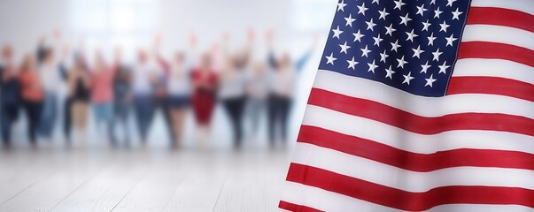 Closeup of American flag with blurred people celebrating in the background, Labor Day, relaxation