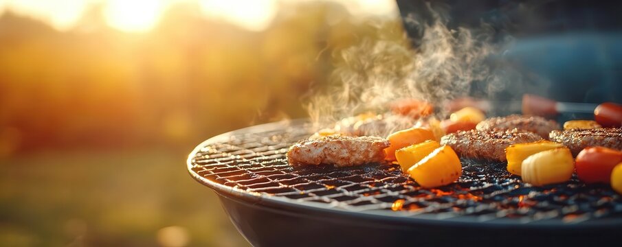 Closeup of BBQ grill with sizzling food, Labor Day, relaxation, celebration atmosphere