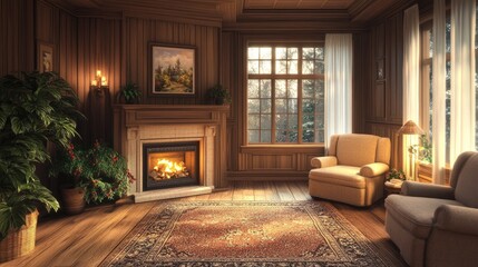Fototapeta premium An empty living room featuring a cozy fireplace, plush armchairs, and a large rug, exuding warmth and comfort despite the absence of people.