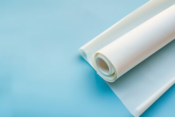 White baking paper on light blue table background Pastel colors closeup space for text