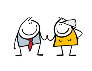 Happy newlyweds hold each other's hands and look at each other in love. Vector illustration of the wedding ceremony. A cartoon bride with doodle veil and a groom in a suit and tie.