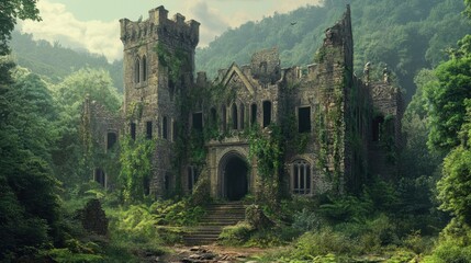 The ancient stone castle stands tall and uninhabited, its weathered walls and empty windows a testament to forgotten times, surrounded by overgrown greenery.