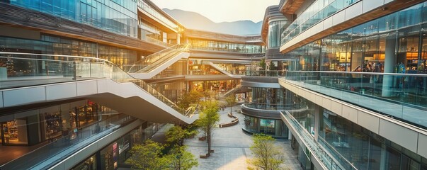 Fototapeta premium Construction of modern shopping mall, busy urban area, contemporary design, consumer lifestyle