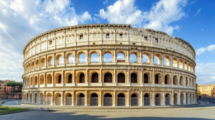 Fototapeta premium The empty Colosseum standing majestically under the blue sky, with its ancient arches and structure evoking the grandeur of Rome's history.