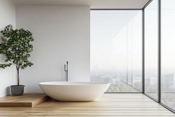 An interior of a beige home bathroom with a panoramic window and a glass shower