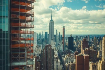 Highrise building under construction, scaffolding against the skyline, bustling urban life, modern architecture
