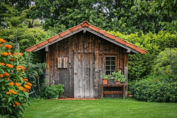 Wooden outhouse with a tiled roof and fresh green lawn in front