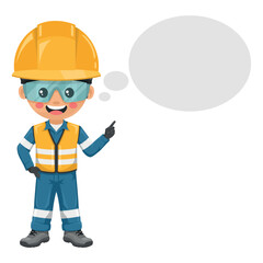 Industrial engineer dressed in reflective safety vest, blue coverall, helmet, safety glasses and gloves thinking with space for text for advertising, presentations, brochures. Safety first