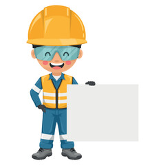 Industrial engineer dressed in reflective safety vest, blue coverall, helmet, safety glasses and gloves holding a banner with space for text for advertising, presentations, brochures. Safety first