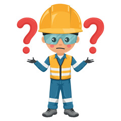 Industrial engineer with reflective safety vest and helmet with question sign for FAQ concept. Supervisor with his personal protective equipment. Industrial safety and occupational health at work