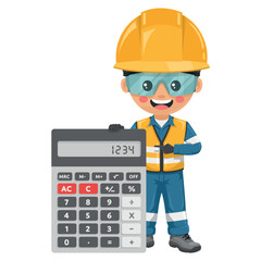 Industrial engineer with reflective safety vest and helmet with a giant calculator for financial analysis, accounting and budget calculation. Safety first. Industrial safety and occupational health